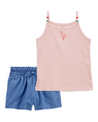 Toddler 2-Piece Flamingo Ribbed Tank Top & Chambray Shorts Set - Pink/Blue
, image 1 of 9 slides