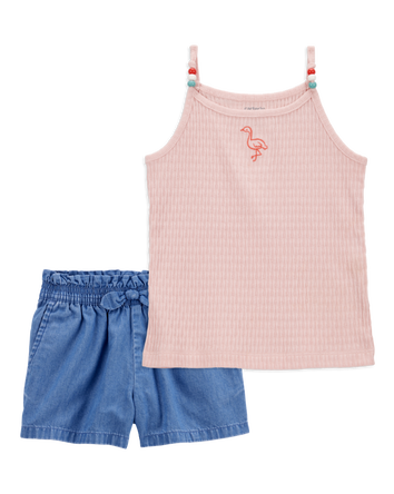 Toddler 2-Piece Flamingo Ribbed Tank Top & Chambray Shorts Set - Pink/Blue
, 