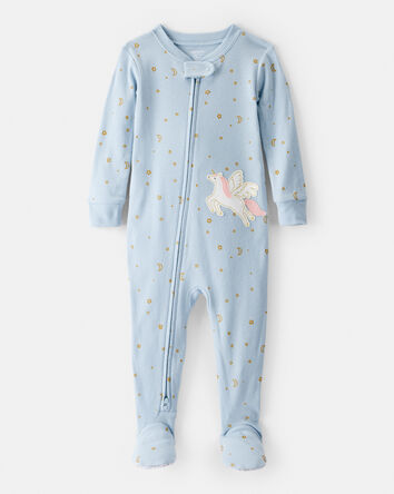 Baby Girl Unicorn Star Print 100% Cotton Long-Sleeve 2-Way Zip 1-Piece Pajamas - Blue, 