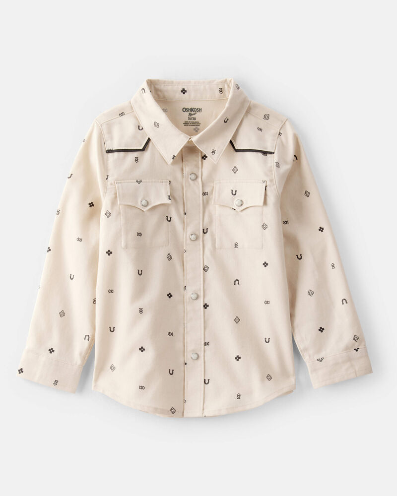 Toddler Boy Western Print Cotton Long-Sleeve Button-Down Shirt - Ivory, image 1 of 4 slides