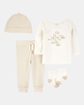 Baby 4-Piece Cloud Print Outfit Set - White/Tan, 