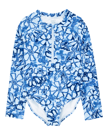 Girls 1- Piece Floral Long-Sleeve Rashguard Swimsuit - Blue, 