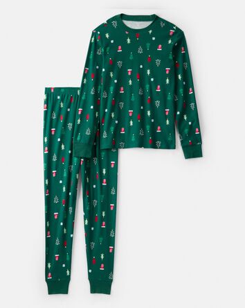 Adult Christmas Trees 100% Cotton Long-Sleeve Snug Fit 2-Piece Pajamas - Green, 
