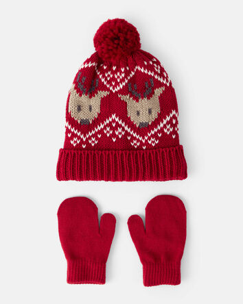 Toddler Boy 2-Pack Reindeer Fair Isle Winter Hat & Mittens - Red, 
