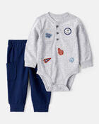 Baby Boy 2-Piece Sports Long-Sleeve Bodysuit & Pant Set - Grey, image 1 of 7 slides