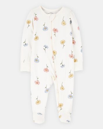 Baby Girl Floral Print 2-Way Zip PurelySoft Sleep & Play Pajamas - Ivory, 