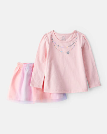 Toddler Girl 2-Piece Necklace Printed Tee & Rainbow Skort Set - Pink, 
