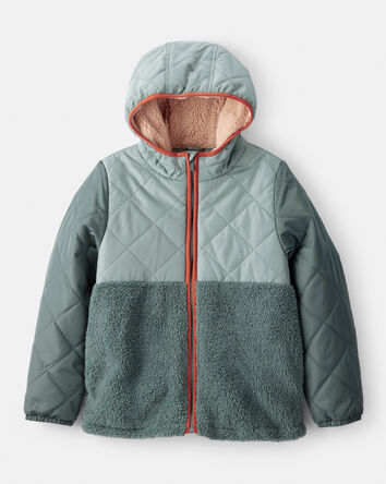 Boys Long-Sleeve Midweight Quilted Sherpa Jacket - Green, 