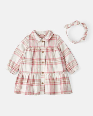 Baby Girl 2-Piece Plaid Cotton Long-Sleeve Dress Set - Pink/White, 