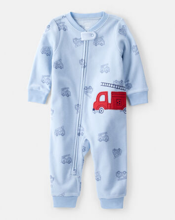 Baby Boy Firetruck Print Loose Fit Long-Sleeve 2-Way Zip 1-Piece Pajamas - Blue, 