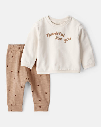 Baby 2-Piece Acorn Thanksgiving Print Cotton Long-Sleeve Tee & Pant Set - White, 