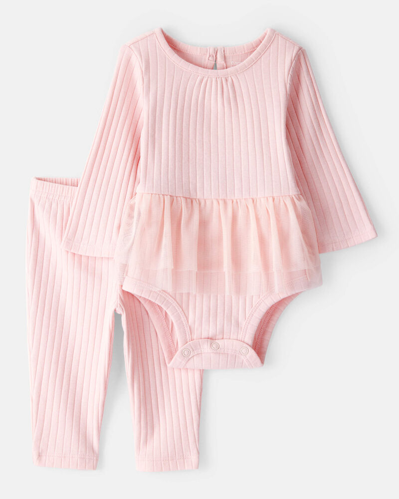 Baby Girl 2-Piece Ribbed Tutu Bodysuit Pant Set - Pink, image 1 of 3 slides