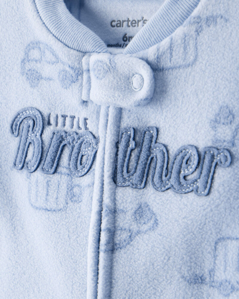 Baby Boy 'Little Brother' Car Print Fleece Sleep & Play Pajamas - Blue, image 2 of 4 slides