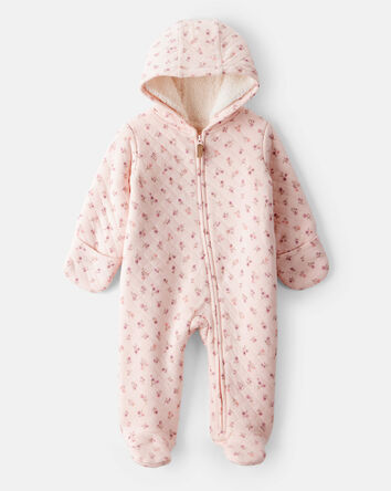 Baby Girl Floral Sherpa-Lined Long-Sleeve Hooded Jumpsuit - Pink, 