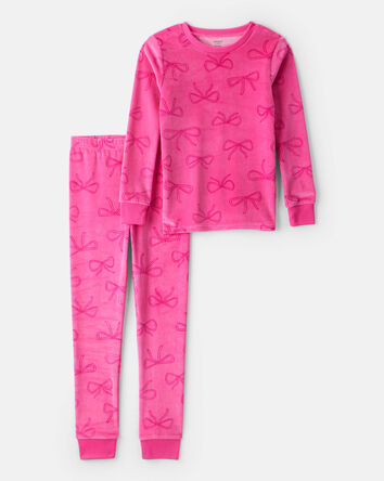 Girls Bow Print DreamPlush Long-Sleeve Snug Fit 2-Piece Pajamas - Pink, 