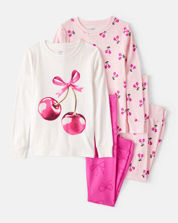 Girls Cherries Print 100% Cotton Long-Sleeve 4-Piece Pajamas - Pink/White, 