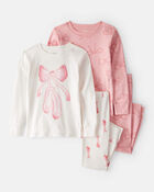 Baby Girl Ballet Print 100% Cotton Long-Sleeve 4-Piece Pajamas - Pink/White, image 1 of 4 slides