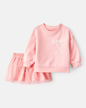 Baby Girl Bow Long-Sleeve Top & Tulle Skort Set - Pink, 