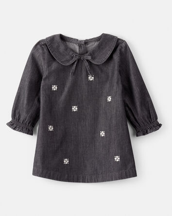 Baby Girl Floral Motif Chambray Long-Sleeve Dress - Grey, 
