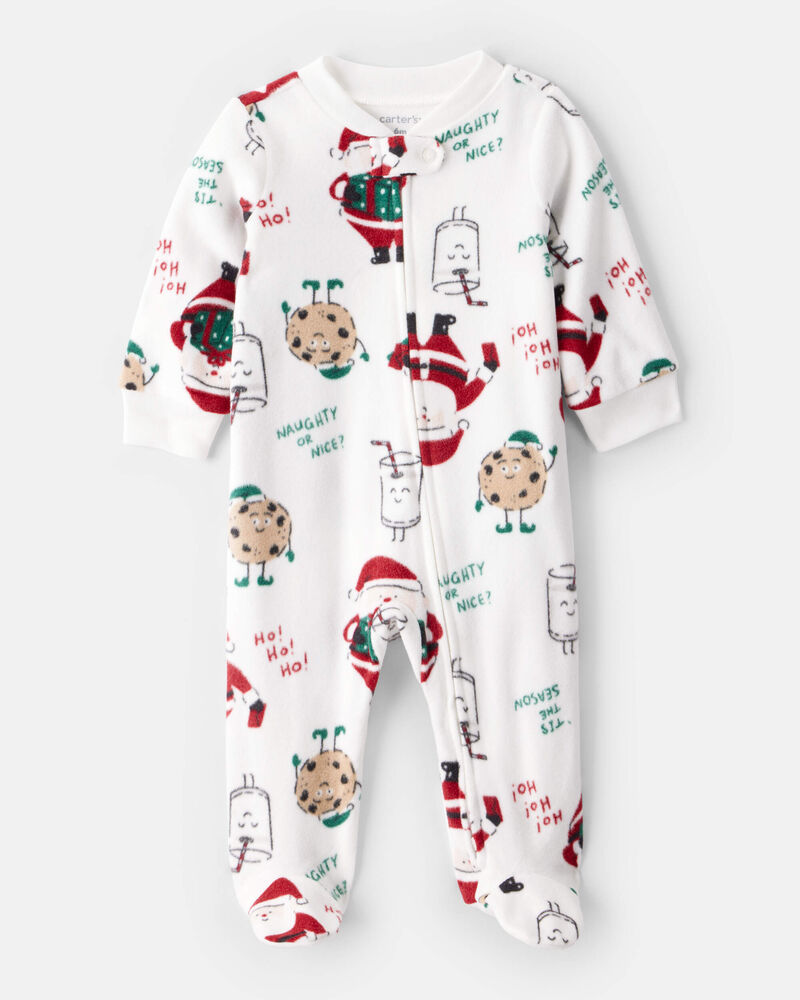 Baby Beige Santa Milk & Cookies Loose Fit Fleece Long-Sleeve Sleep & Play Pajamas - White, image 1 of 4 slides