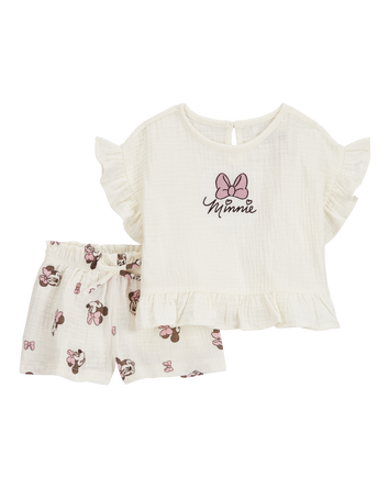 Baby Girl 2-Piece Minnie Mouse Flutter-Sleeve Gauze Top & Short Set - Cream, 