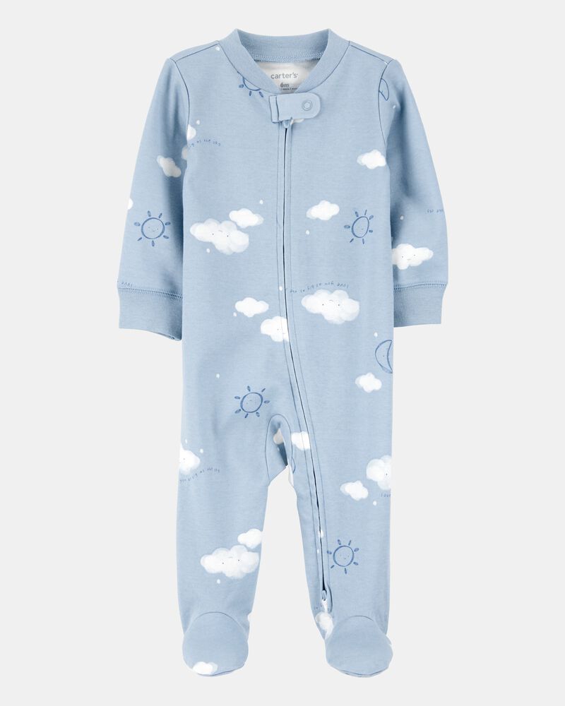 Baby Boy Cloud Print 2-Way Zip Cotton Sleep & Play Pajamas - Blue, image 1 of 3 slides