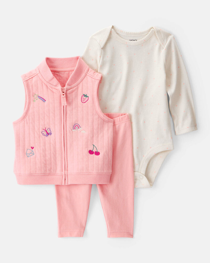 Baby 3-Piece Fruit Embroidered Little Vest Set - Pink/Ivory, image 1 of 5 slides