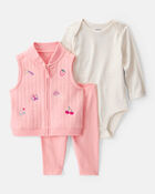 Baby 3-Piece Fruit Embroidered Little Vest Set - Pink/Ivory, image 1 of 5 slides