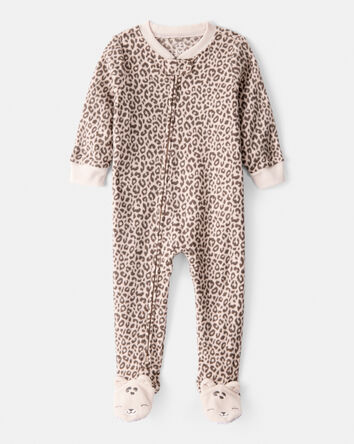 Baby Girl Leopard Fleece Long-Sleeve Loose Fit 1-Piece Pajamas - Brown, 