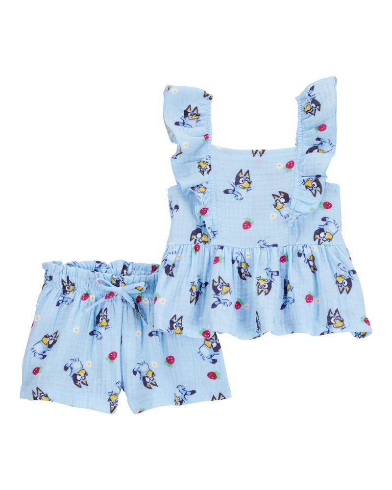 Baby 2-Piece Flutter-Sleeve Gauze Bluey Top & Short Set - Blue, image 1 of 2 slides