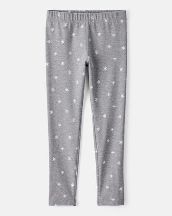 Girls Snowflake Print Cotton Pull-On Stretch Leggings - Grey, 