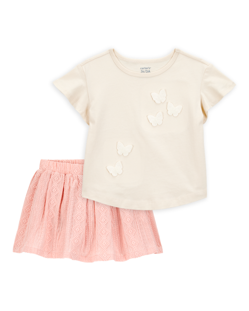Baby 2-Piece Butterfly Short-Sleeve Top & Crochet Skort Set - Pink/Ivory, image 1 of 7 slides