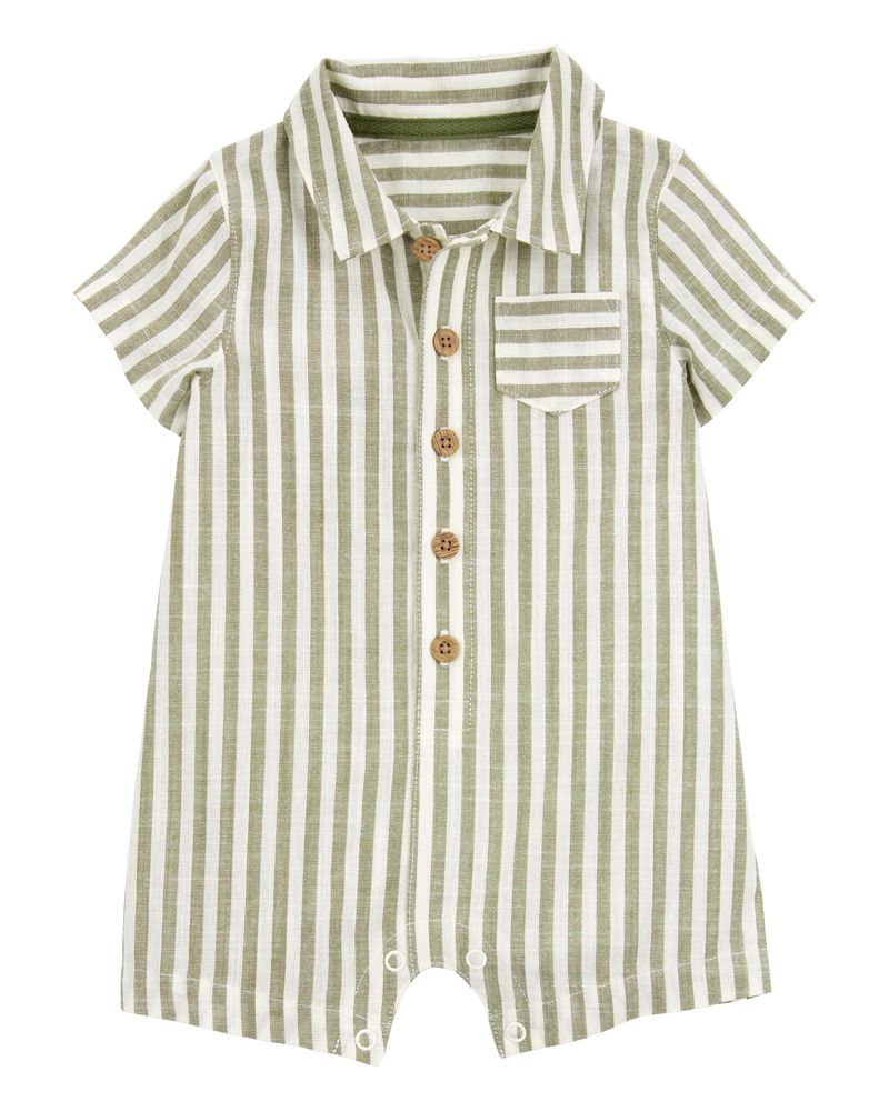 Baby Striped Short-Sleeve Romper- Green, image 1 of 3 slides