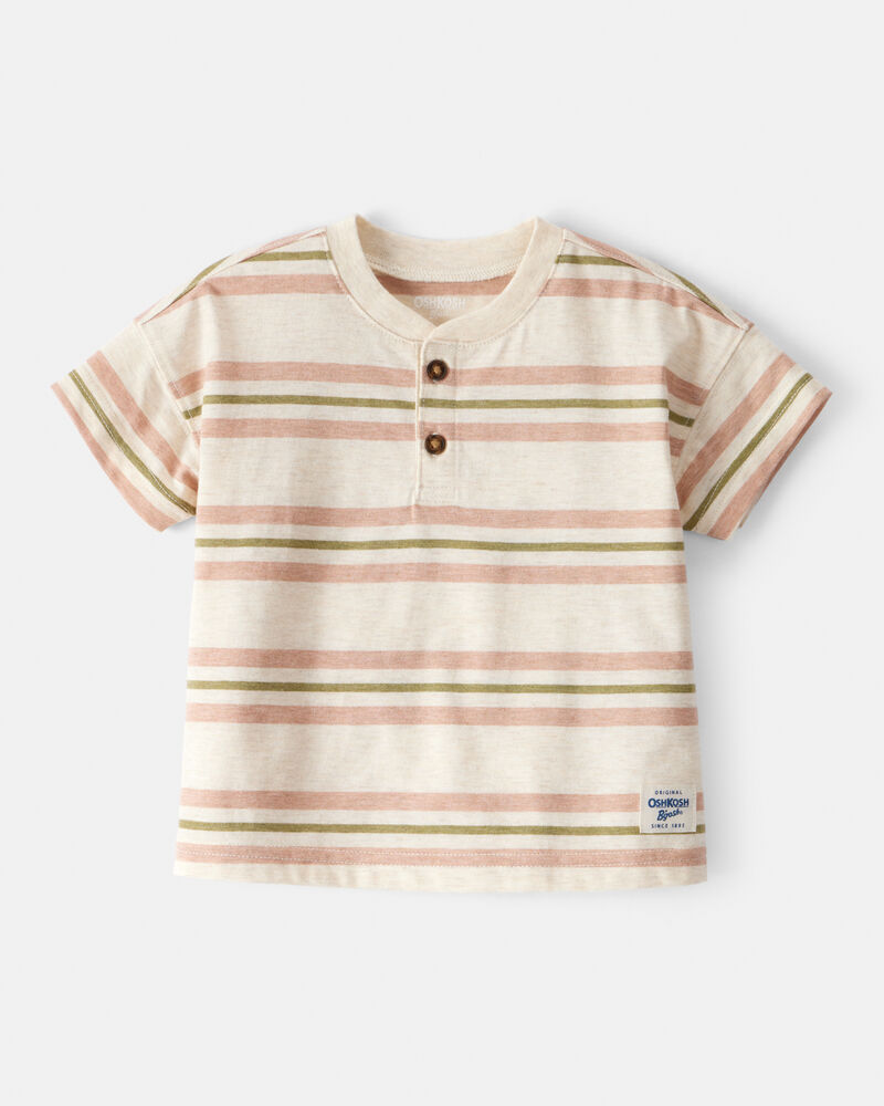 Baby Boy Striped Short-Sleeve Henley Tee - Tan, image 1 of 3 slides