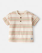 Baby Boy Striped Short-Sleeve Henley Tee - Tan, image 1 of 3 slides