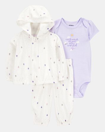 Baby Girl 3-Piece Hot Air Balloon Print Little Cardigan Set - White/Purple, 