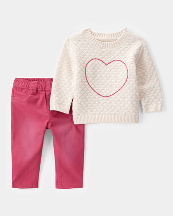 Baby 2-Piece Heart Sweater & Pull-On Pant Set - Ivory/Pink, 