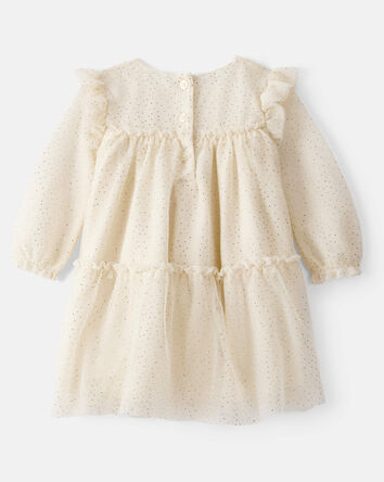 Baby Girl Sparkle Polka Dot Tulle Long-Sleeve Dress - Ivory, 