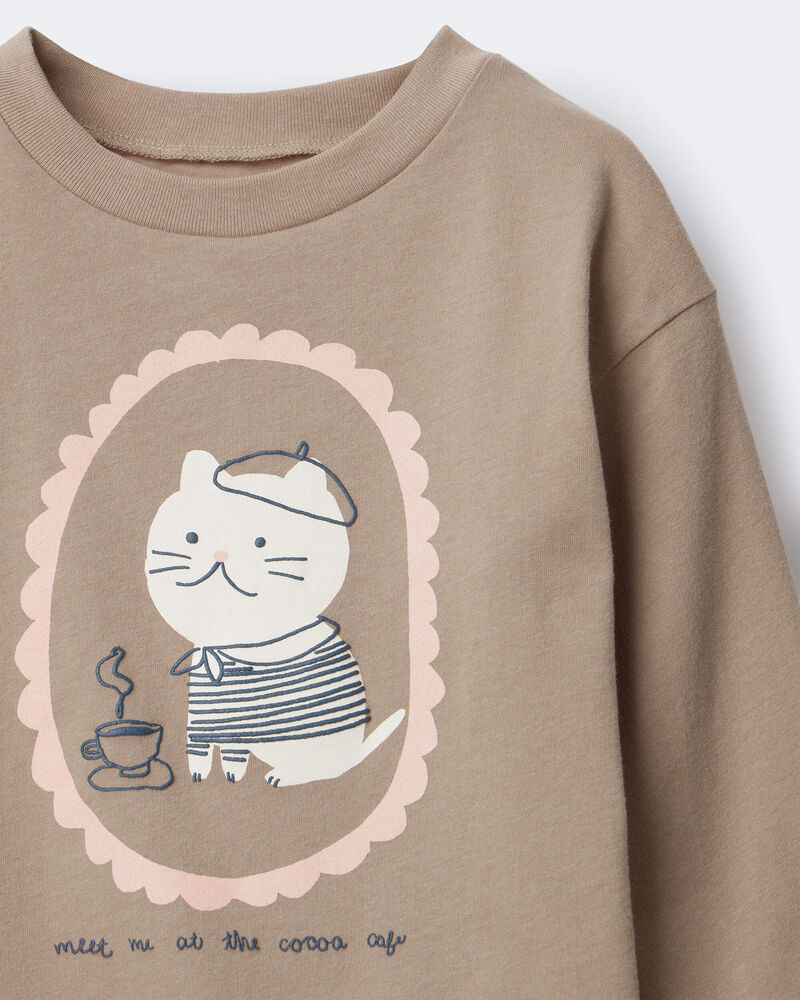 Toddler Girl Cocoa Cat Long-Sleeve Relaxed Graphic Tee - Tan, image 6 of 6 slides