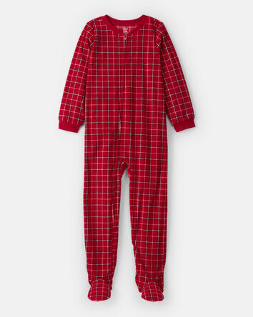 Kid Plaid Print Fleece Long-Sleeve Loose Fit 1-Piece Pajamas - Red, 