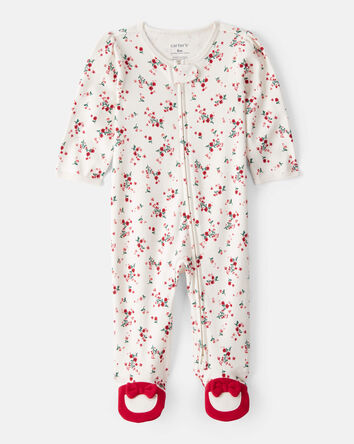 Baby Girl Bow Floral Print 100% Cotton Sleep & Play Pajamas - White/Red, 