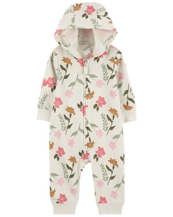 Baby Girl Floral Hooded Long-Sleeve Jumpsuit - Cream, 