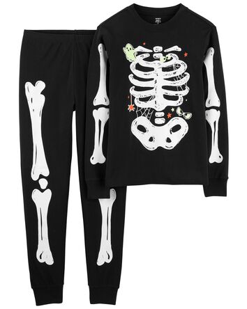 Adult 2-Piece Glow Halloween Skeleton 100%  Cotton Pajamas, 