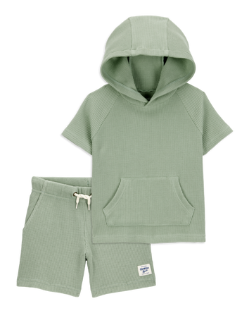 Baby 2-Piece Waffle Knit Hooded Pullover & Drawsting Shorts Set - Green, 