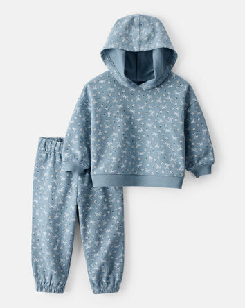 Baby Girl 2-Piece Bow Print Cotton Long-Sleeve Hoodie & Pant Set - Blue, 