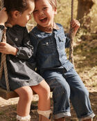 Toddler Girl Floral Motif Chambray Long-Sleeve Dress - Grey, image 4 of 5 slides