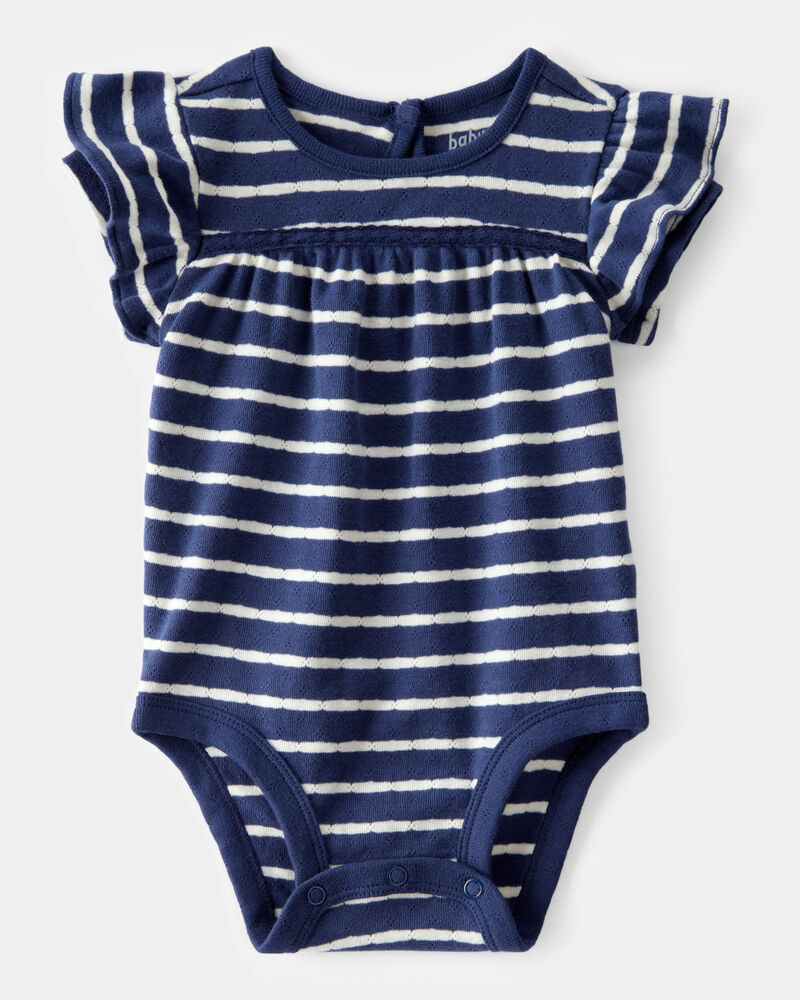 Baby Pointelle Striped Ruffle  Short-Sleeve Bodysuit - Navy/White, image 1 of 3 slides