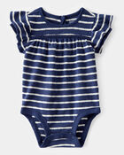 Baby Pointelle Striped Ruffle  Short-Sleeve Bodysuit - Navy/White, image 1 of 3 slides