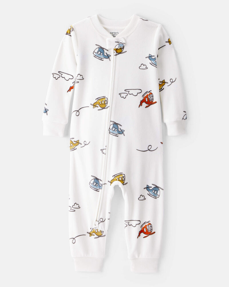 Baby Boy Helicopter Print DreamPlush Snug Fit Long-Sleeve 2-Way Zip 1-Piece Pajamas - White, image 1 of 4 slides