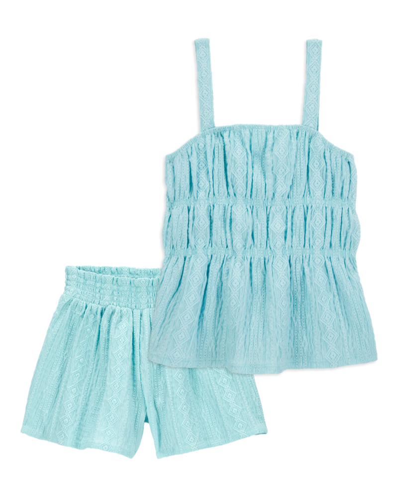 Kid 2-Piece Ruched Textured Tank & Pull-On Smocked Shorts Set - Blue, image 1 of 7 slides